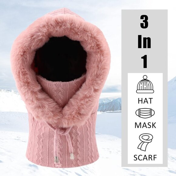 🆕 Women Pink Winter Balaclava Hat Ski Warm Thick Fluff Beanie Adult Neck Face - Picture 4 of 7